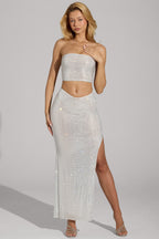 Chic Embellished V-Waist Thigh-Split Maxi Skirt in White