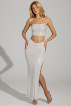 Chic Embellished V-Waist Thigh-Split Maxi Skirt in White