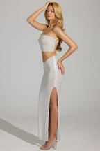 Chic Embellished V-Waist Thigh-Split Maxi Skirt in White