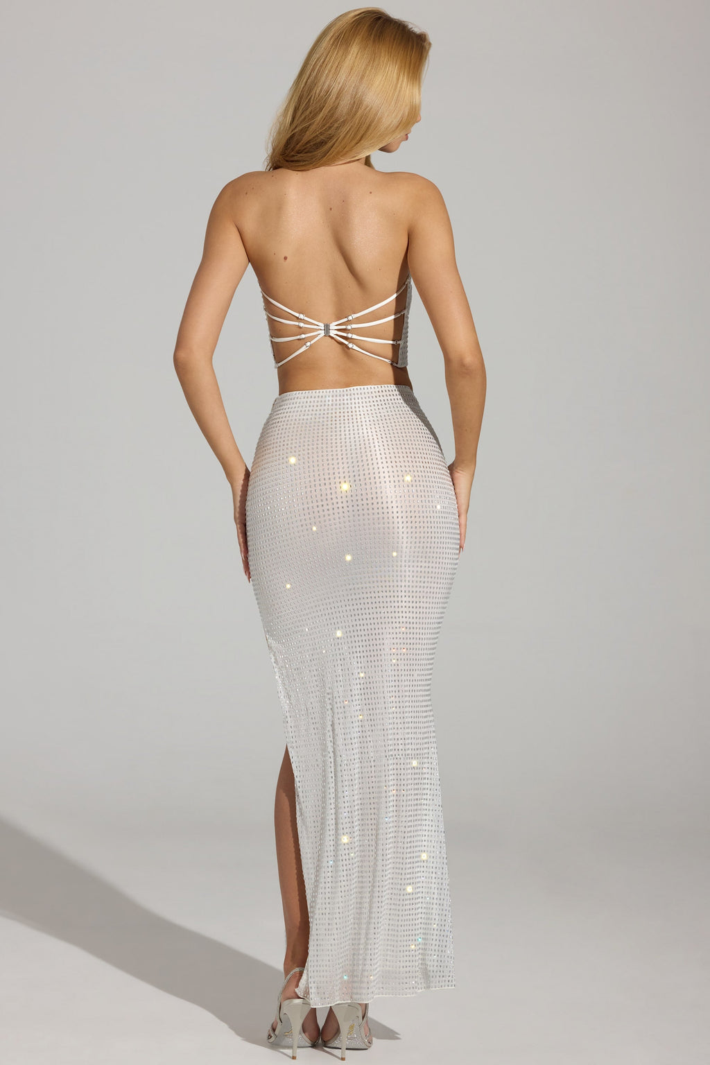 Chic Embellished V-Waist Thigh-Split Maxi Skirt in White