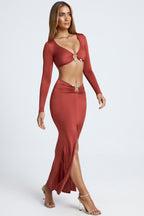 Chic Hardware Detail Fishtail Maxi Skirt in Auburn Brown