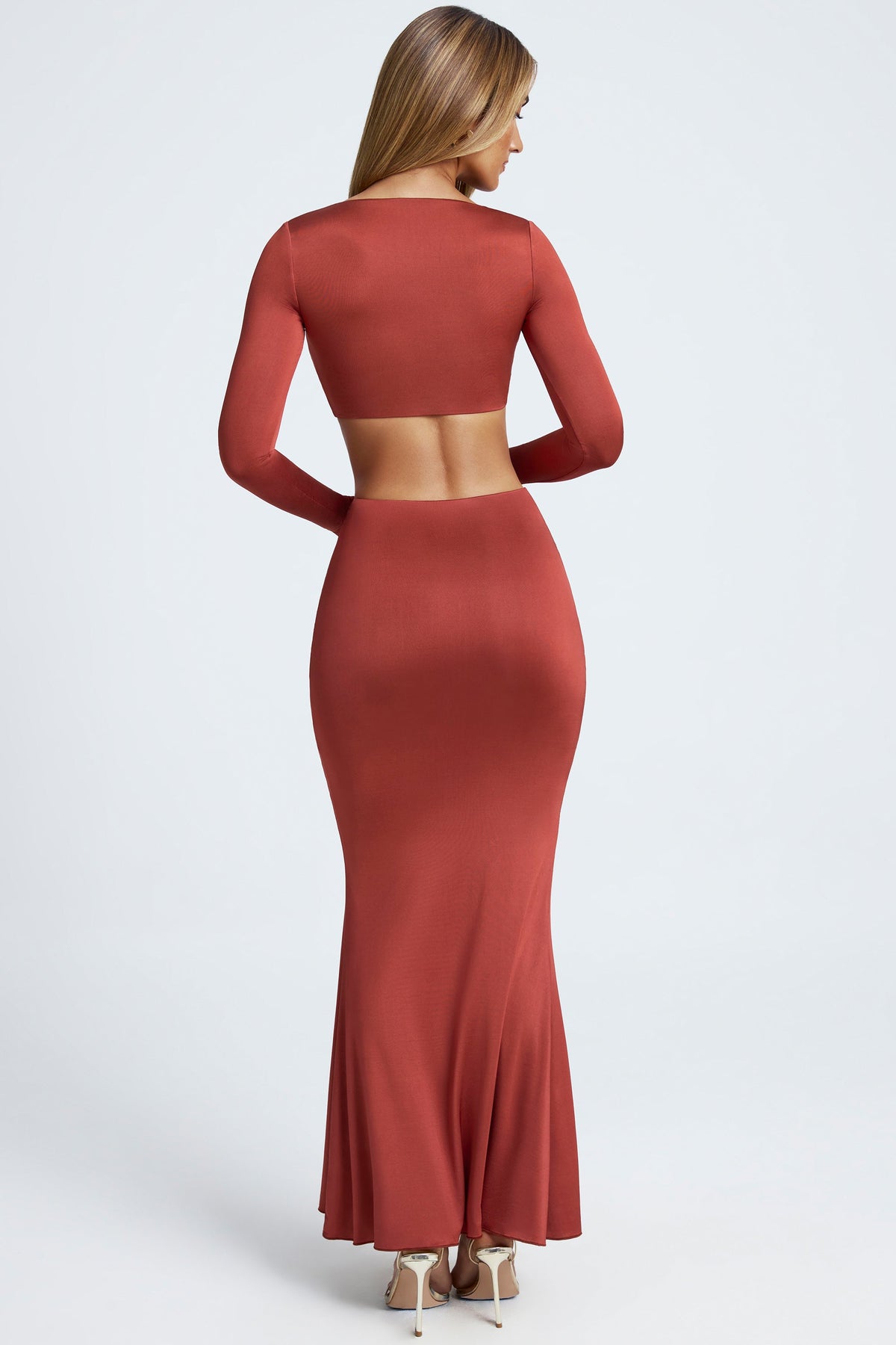 Chic Hardware Detail Fishtail Maxi Skirt in Auburn Brown