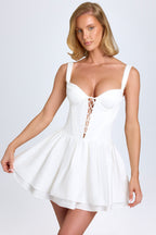 Chic Pintucked Lace-Up Corset Mini Dress in White