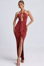 Chic Hardware Detail Cut-Out Halterneck Maxi Dress in Sienna