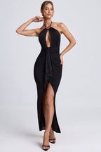 Chic Hardware Detail Cut-Out Halterneck Maxi Dress in Black