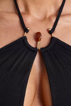 Chic Hardware Detail Cut-Out Halterneck Maxi Dress in Black