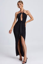 Chic Hardware Detail Cut-Out Halterneck Maxi Dress in Black