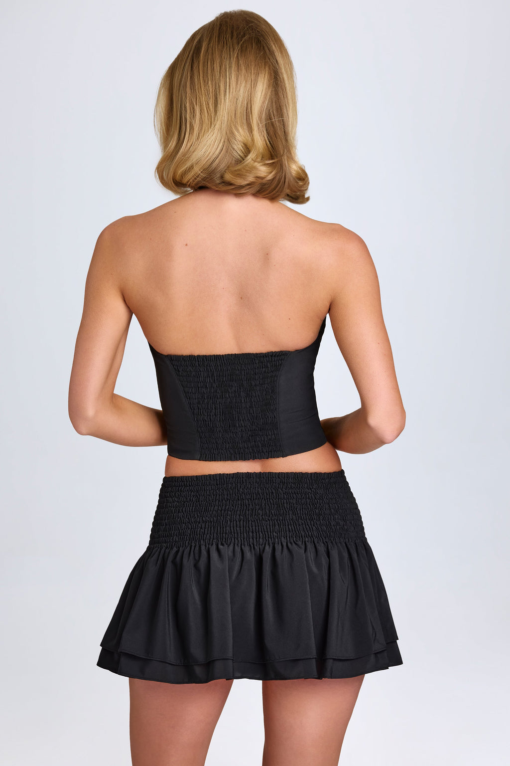 Chic Ruffled Shirred Low-Rise Micro Mini Skirt in Black