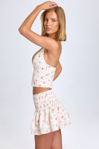 Chic Ruffled Shirred Low-Rise Micro Mini Skirt in Small Rose Print