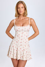 Chic Lace-Trim Ruched Mini Dress in Small Rose Print