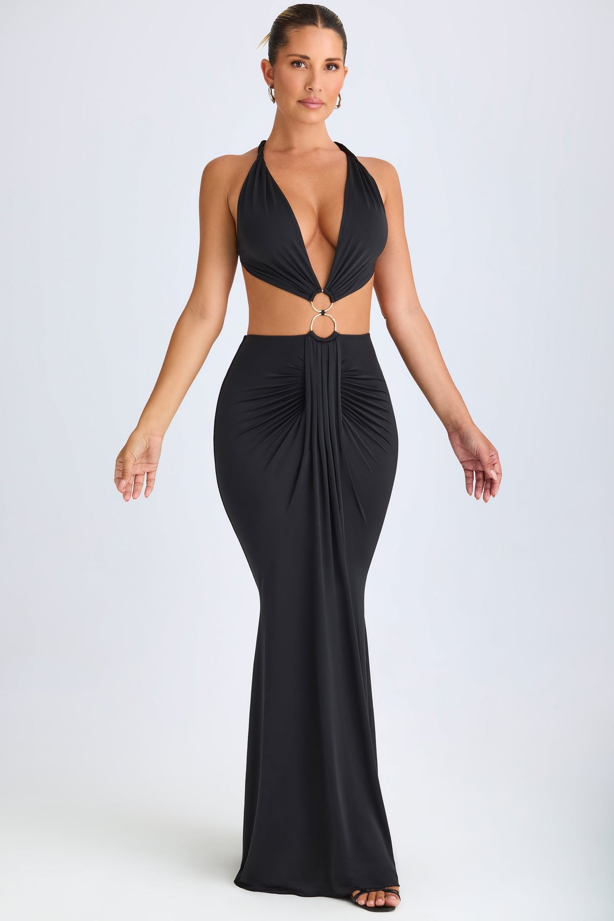 Chic Hardware Detail Cut-Out Halterneck Maxi Dress in Black