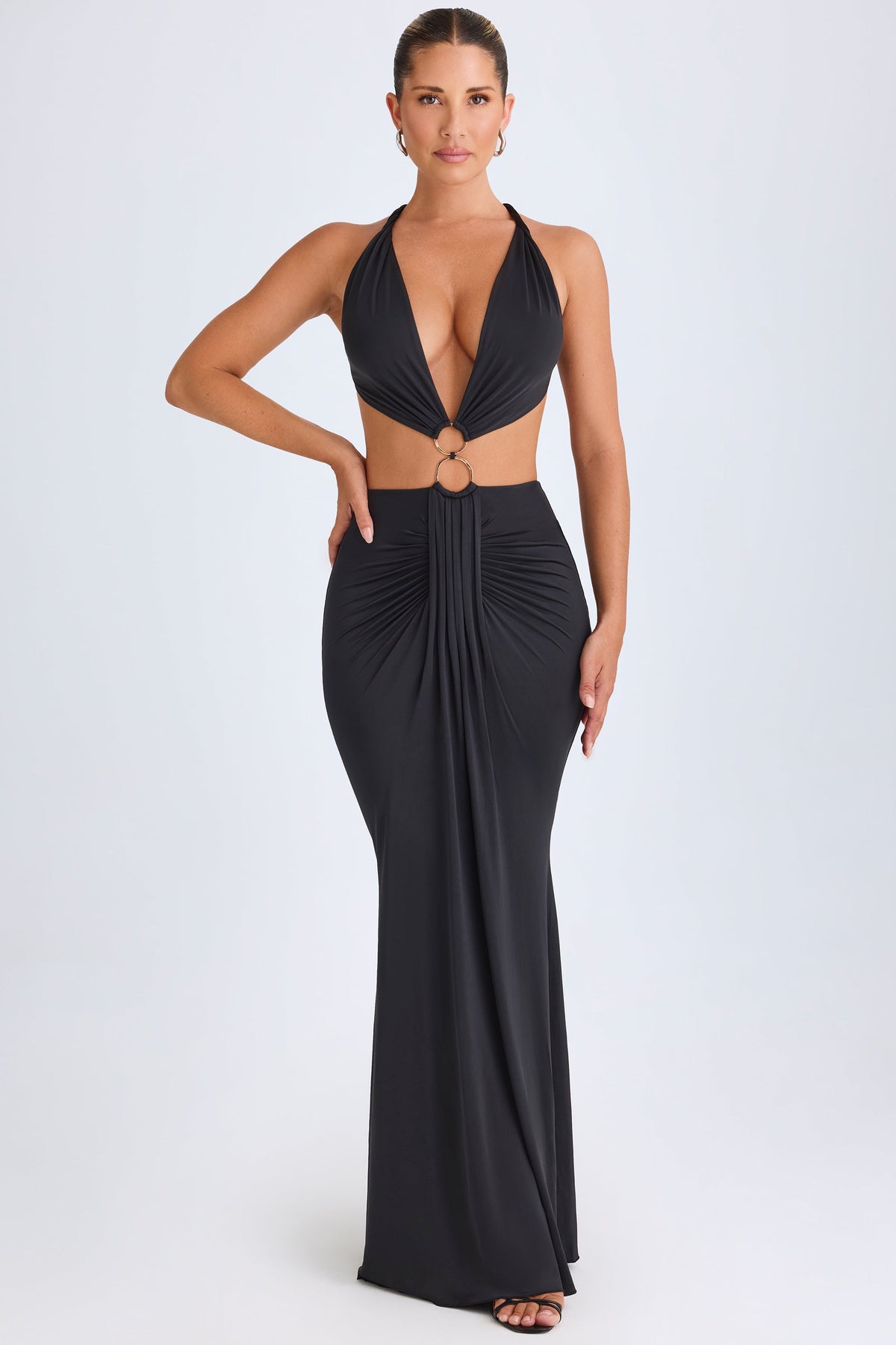Chic Hardware Detail Cut-Out Halterneck Maxi Dress in Black