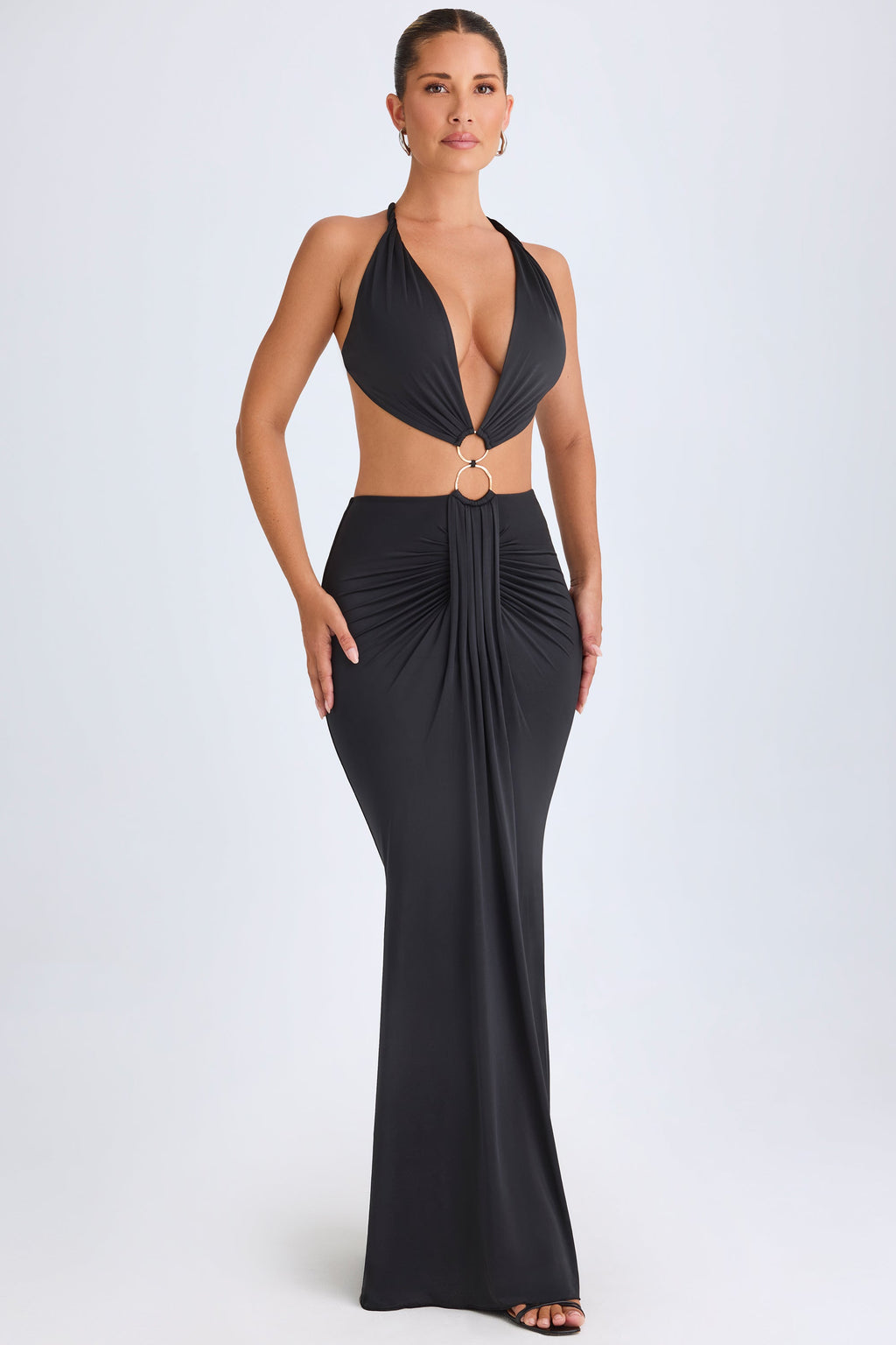 Chic Hardware Detail Cut-Out Halterneck Maxi Dress in Black
