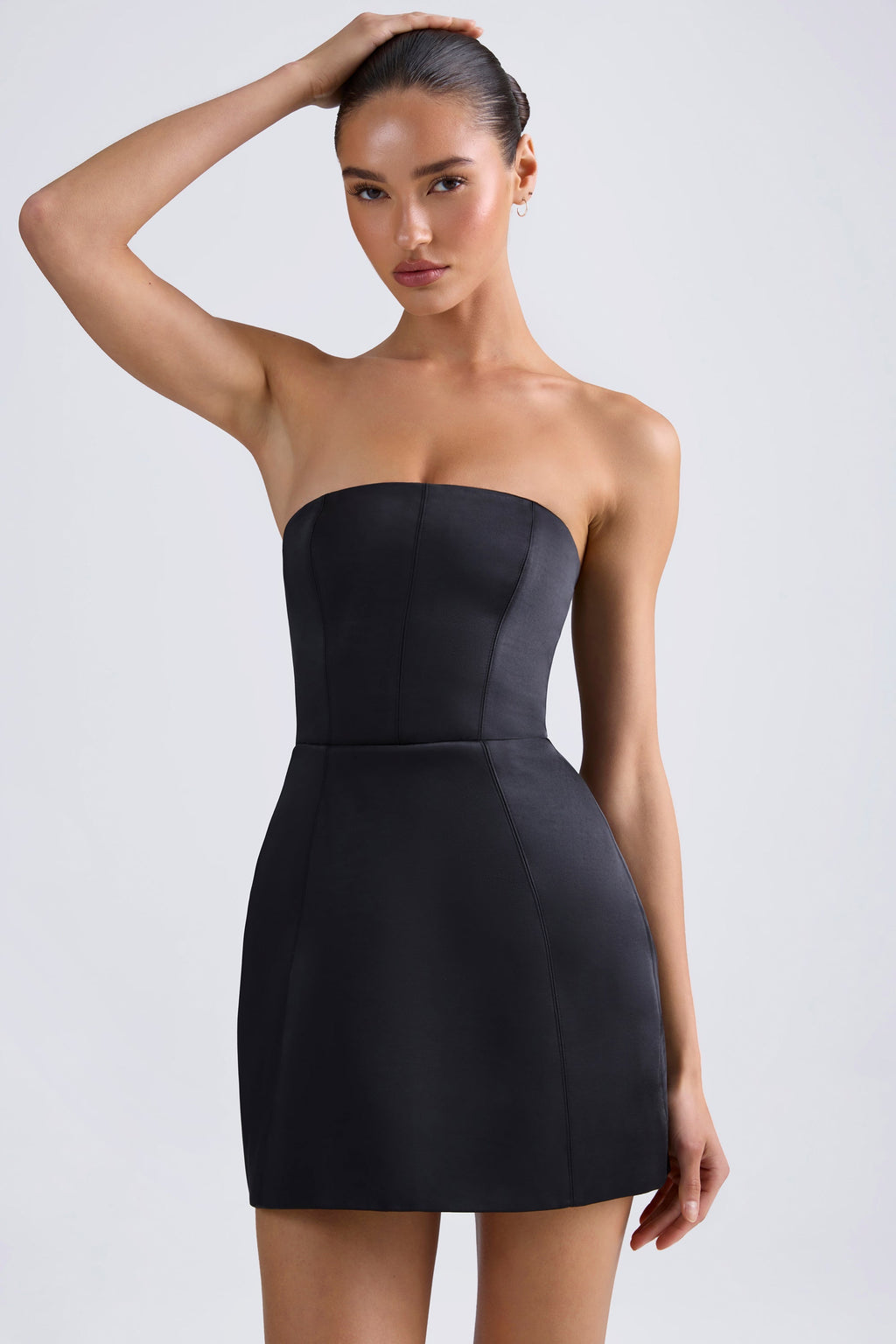 Chic Bandeau Structured Tulip Mini Dress in Black