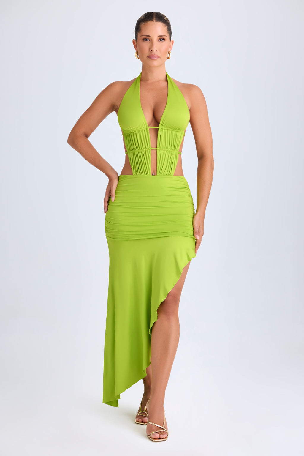 Chic Asymmetric Cut-Out Halterneck Midaxi Dress in Lime Green