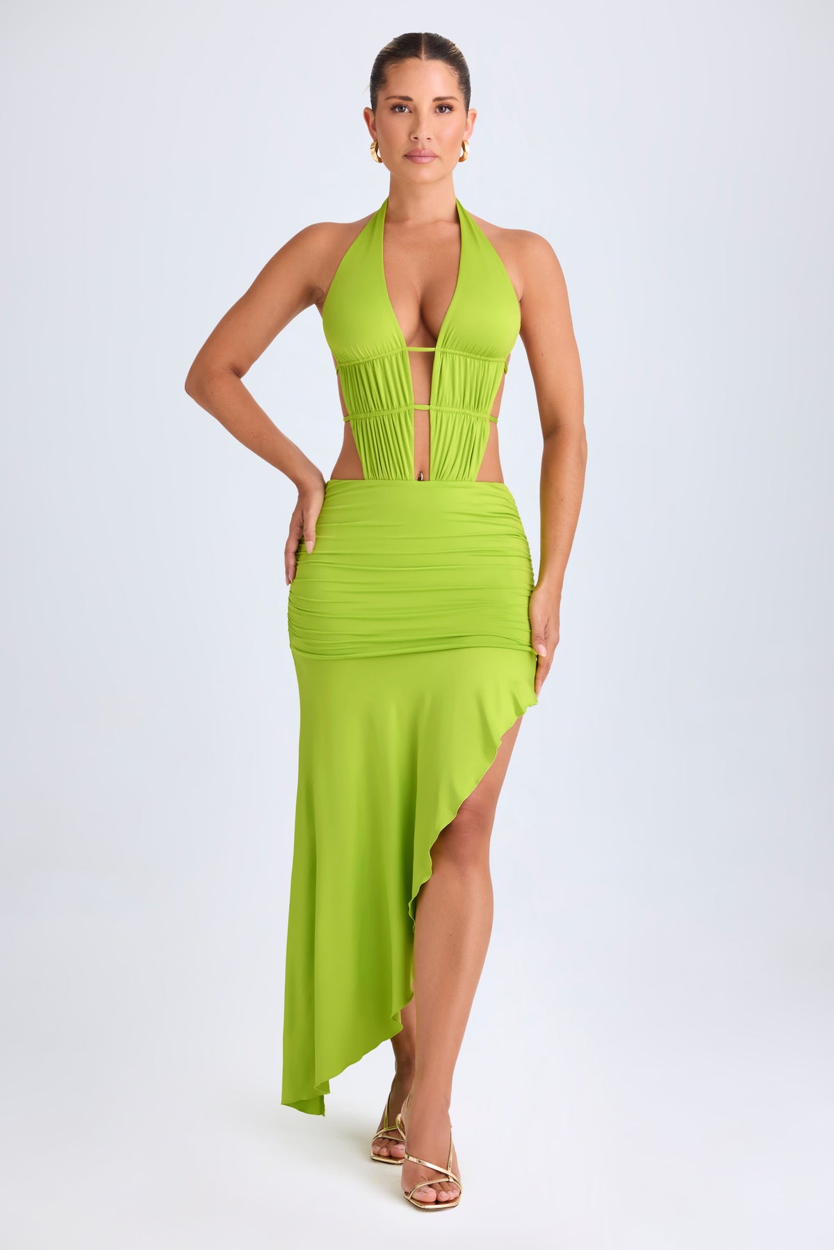 Chic Asymmetric Cut-Out Halterneck Midaxi Dress in Lime Green