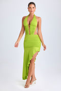 Chic Asymmetric Cut-Out Halterneck Midaxi Dress in Lime Green