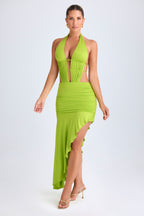 Chic Asymmetric Cut-Out Halterneck Midaxi Dress in Lime Green