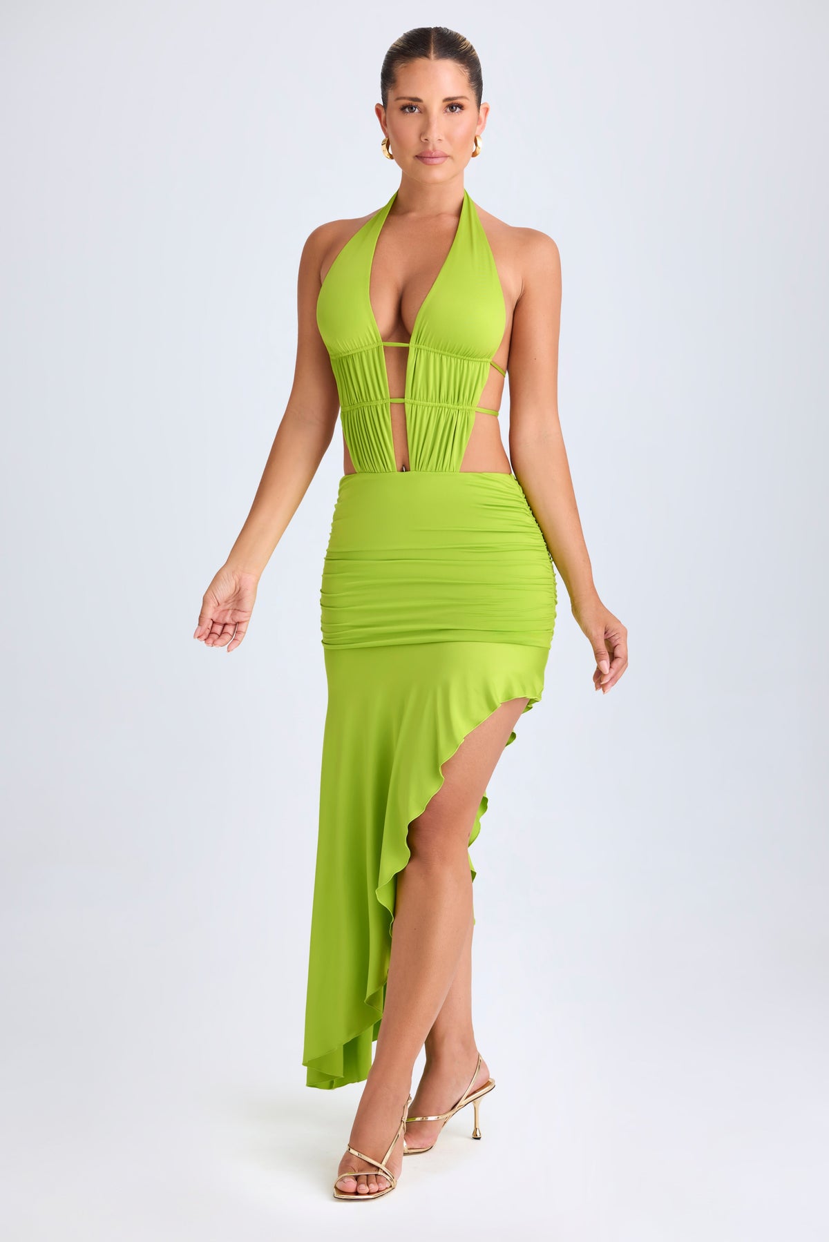 Chic Asymmetric Cut-Out Halterneck Midaxi Dress in Lime Green