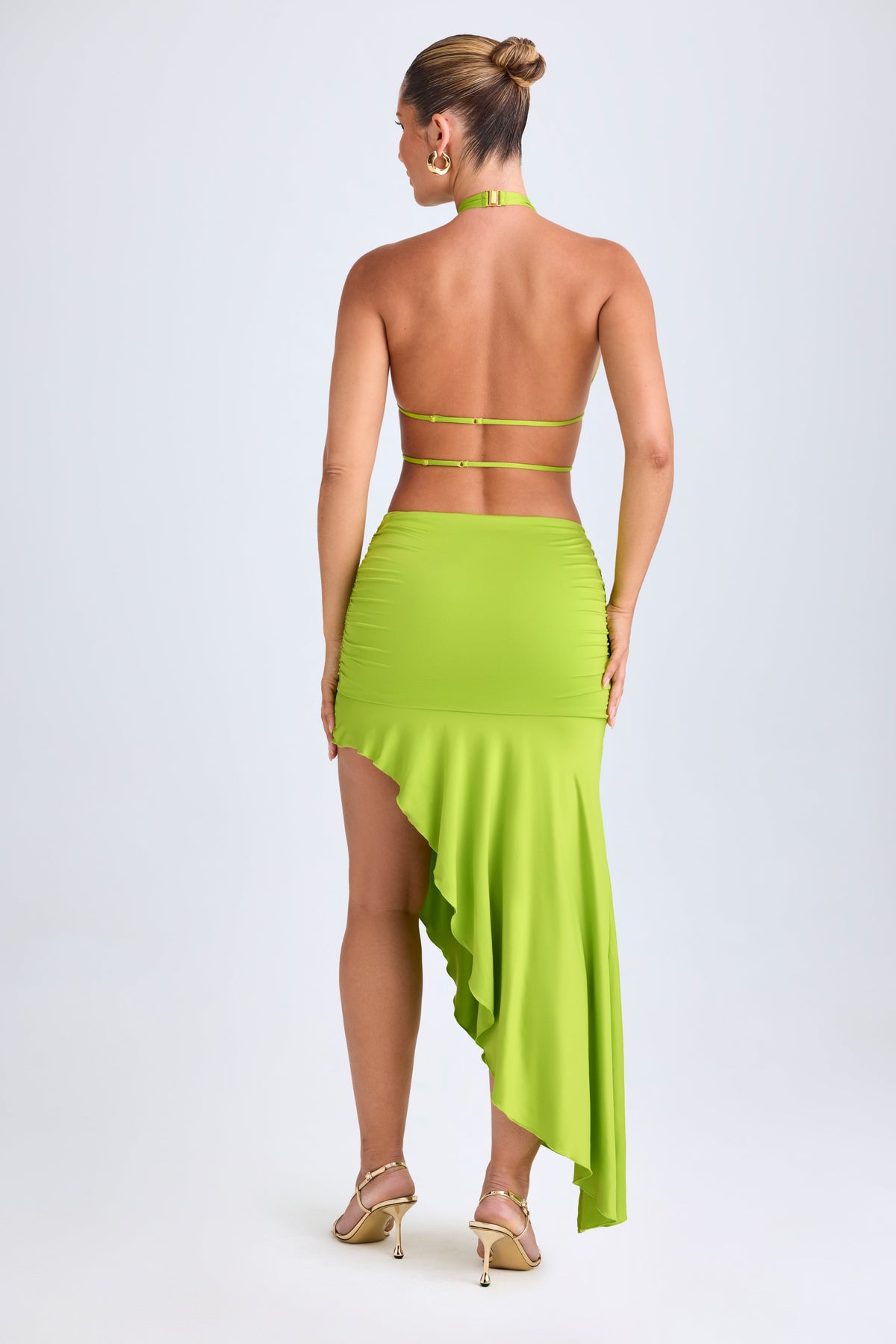 Chic Asymmetric Cut-Out Halterneck Midaxi Dress in Lime Green