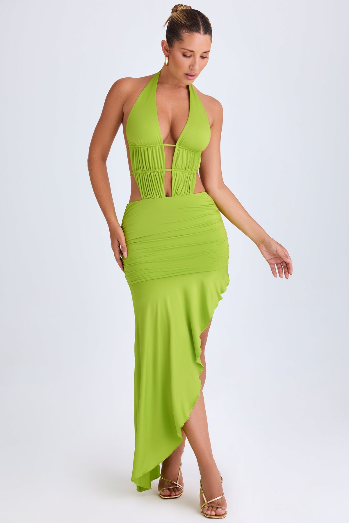 Chic Asymmetric Cut-Out Halterneck Midaxi Dress in Lime Green