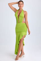Chic Asymmetric Cut-Out Halterneck Midaxi Dress in Lime Green