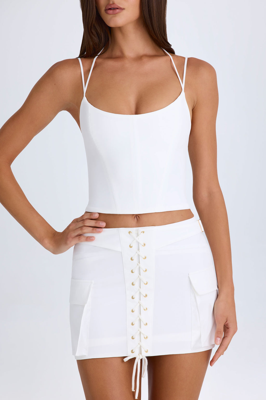Chic Lace-Up Cargo Micro Mini Skirt in White