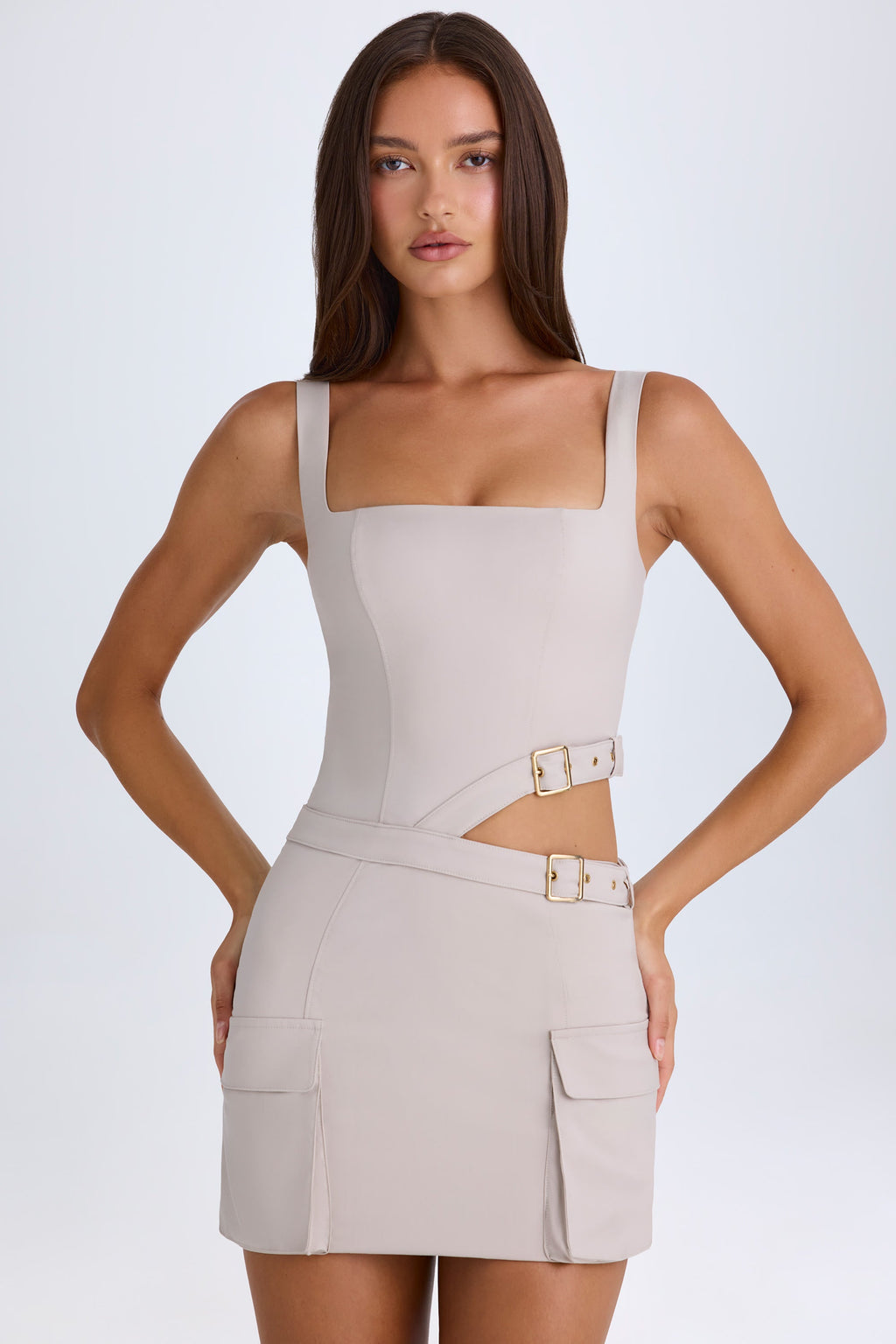 Chic Belted Cut-Out Mini Dress in Taupe