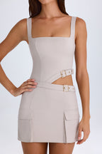 Chic Belted Cut-Out Mini Dress in Taupe