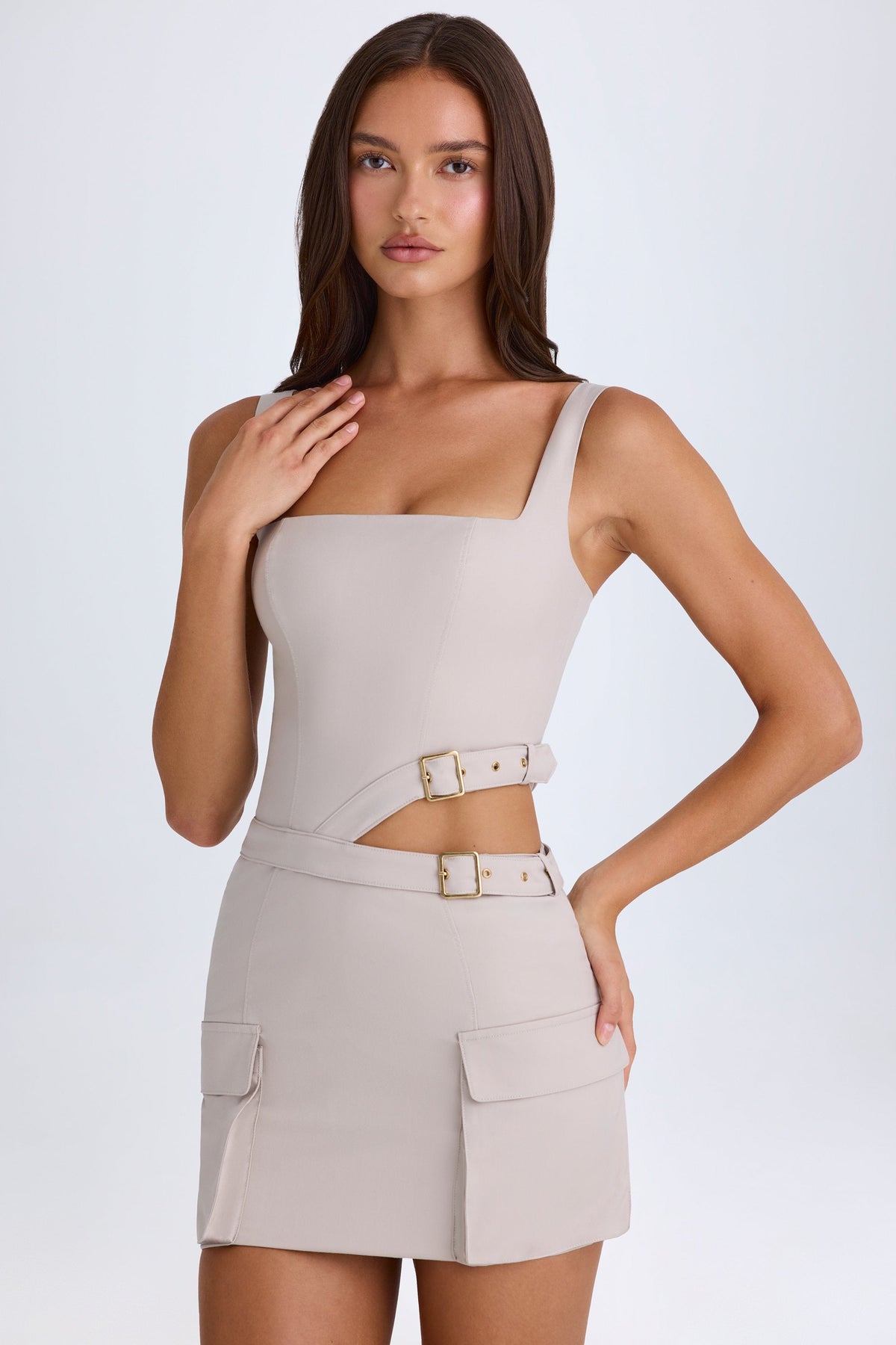 Chic Belted Cut-Out Mini Dress in Taupe