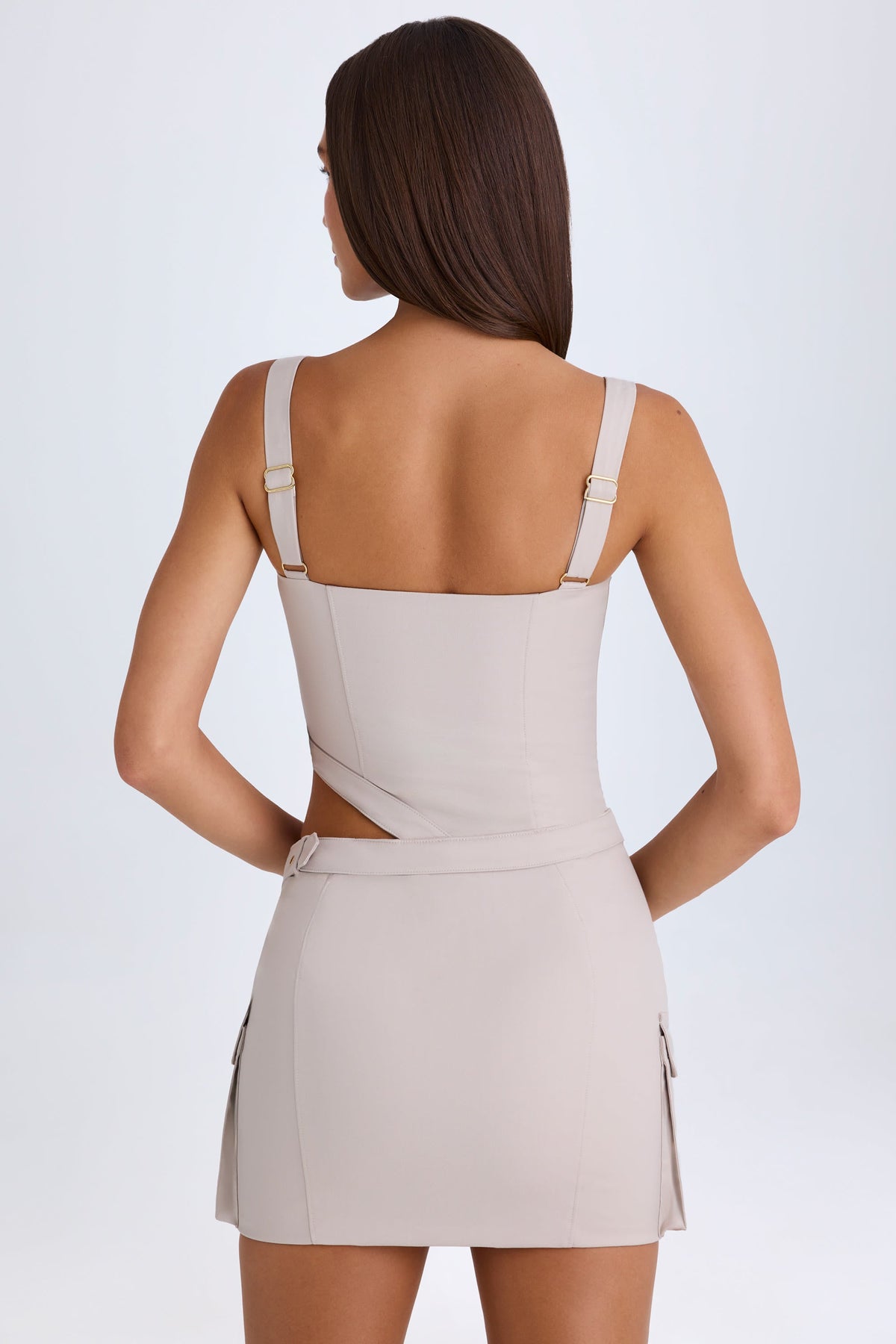 Chic Belted Cut-Out Mini Dress in Taupe