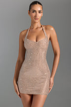 Chic Embellished Halterneck Mini Dress in Honey