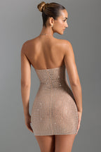 Chic Embellished Halterneck Mini Dress in Honey