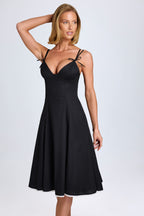 Chic Bow-Detail A-Line Midi Dress in Black
