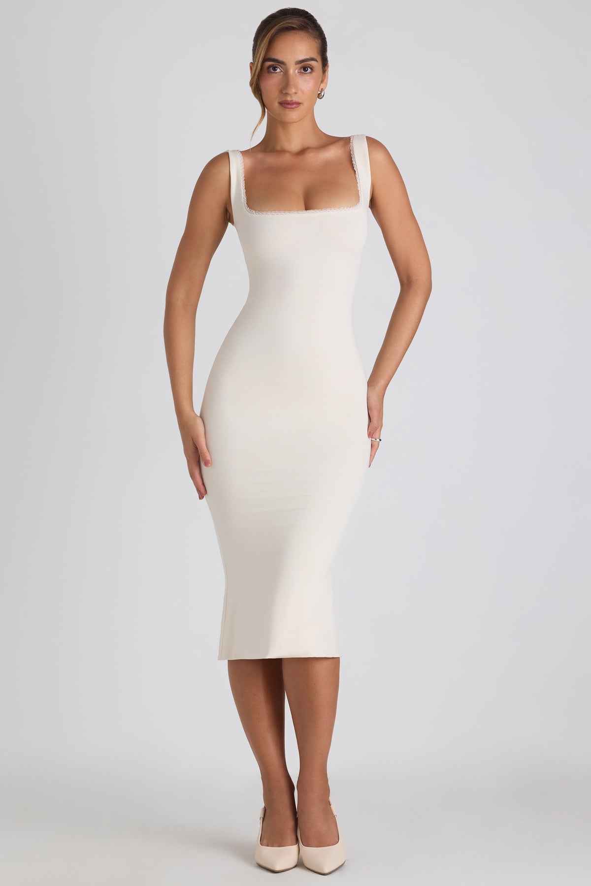 Chic Modal Lace-Trim Midaxi Dress in Ivory