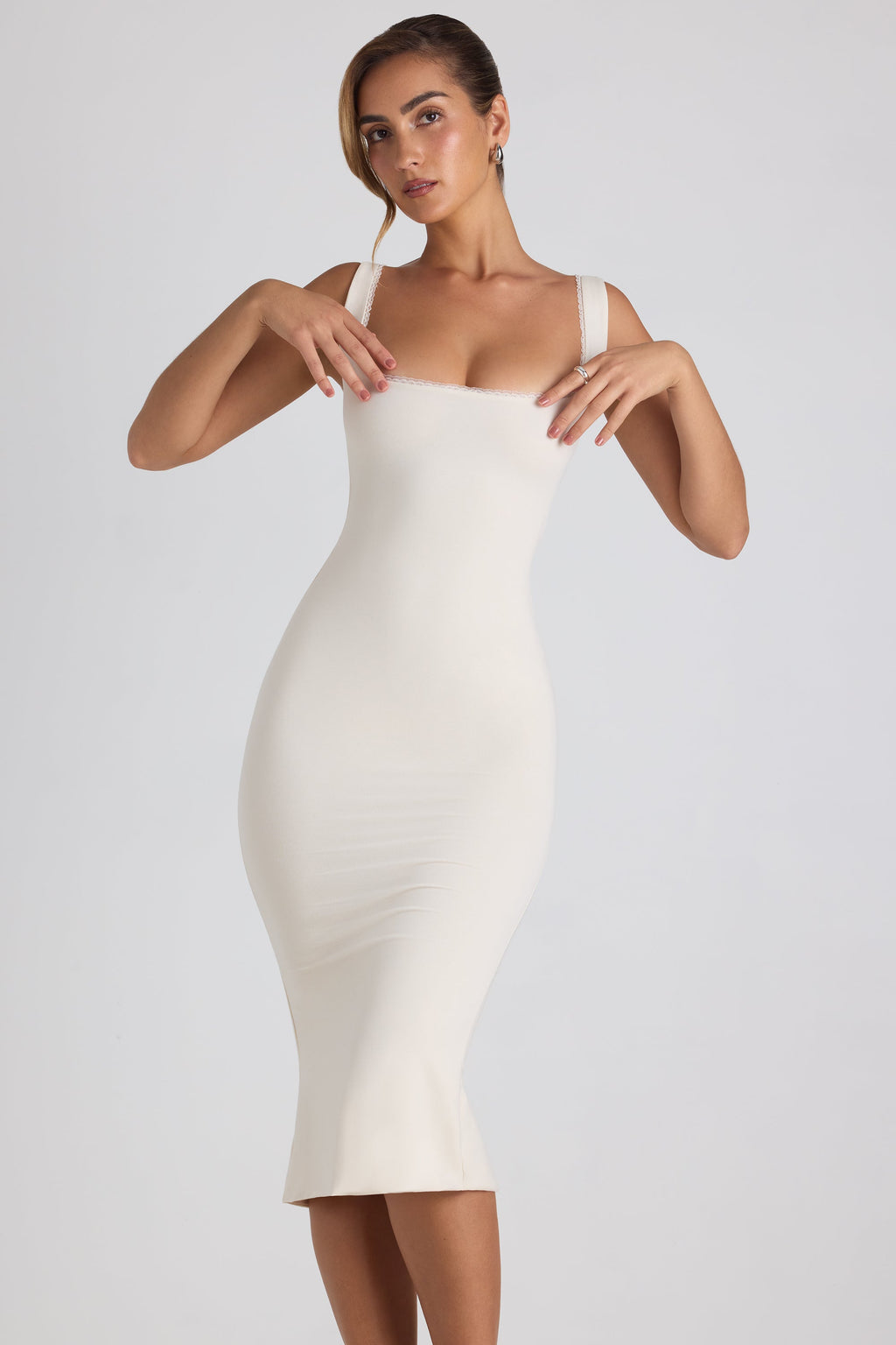 Chic Modal Lace-Trim Midaxi Dress in Ivory
