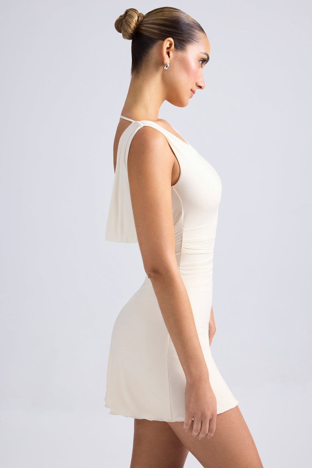 Chic Off-Shoulder Cowl-Back A-Line Mini Dress in Ivory