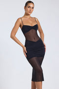 Chic Sheer Panelled Draped Midaxi Dress in Black