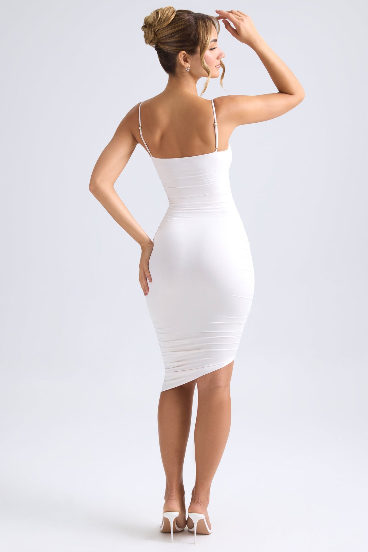 Chic Asymmetric Ruched Midi Dress in Ivory