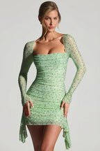 Chic Embellished Draped Cowl-Neck Mini Dress in Pistachio