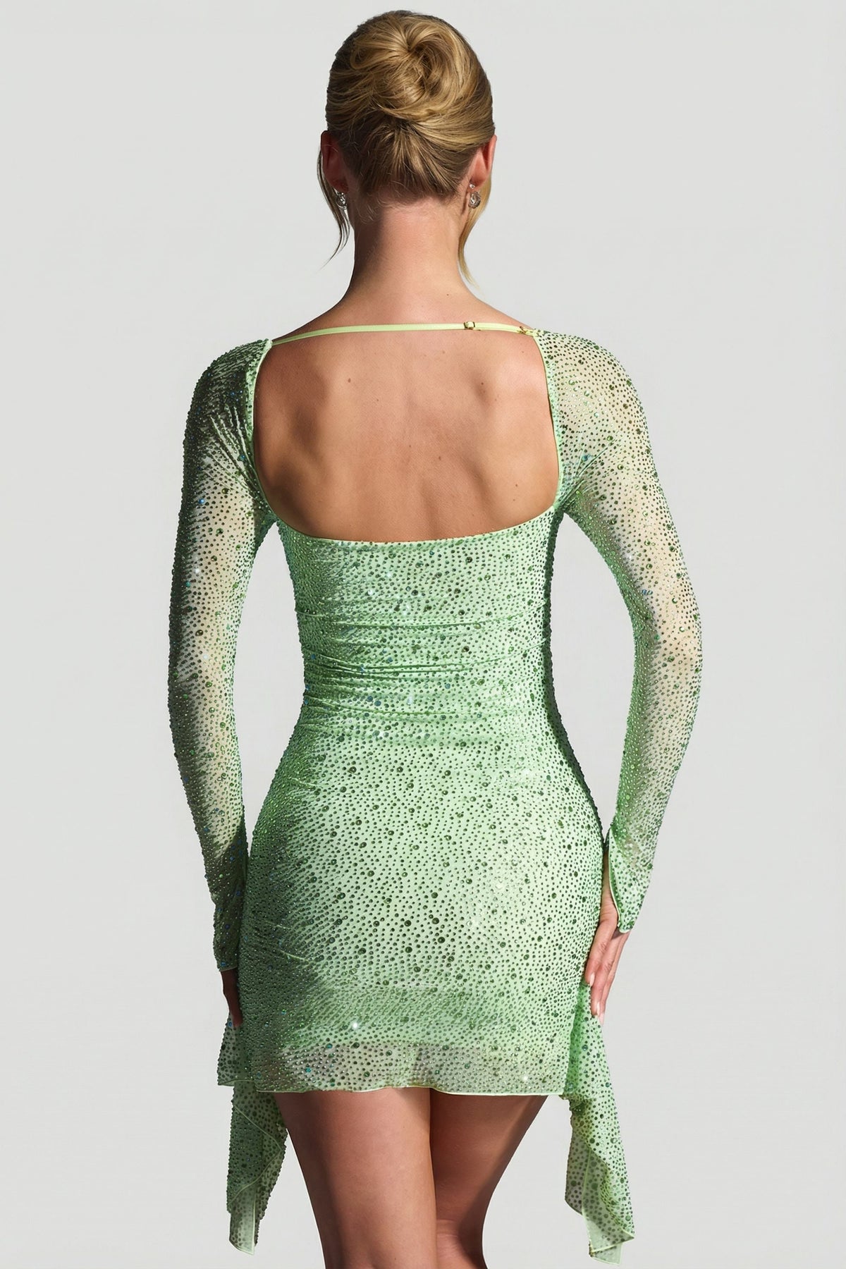 Chic Embellished Draped Cowl-Neck Mini Dress in Pistachio