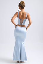 Chic Mid-Rise Fishtail Maxi Skirt in Light Blue