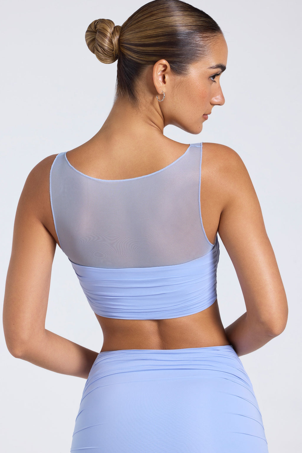 Chic Sheer Panelled Ruched Crop Top in Periwinkle Blue