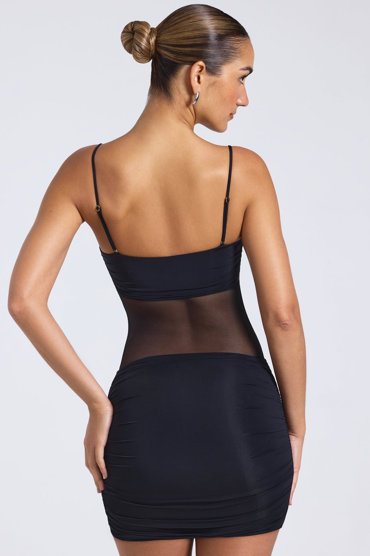 Chic Sheer Panelled Ruched Mini Dress in Black