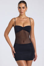 Chic Sheer Panelled Ruched Mini Dress in Black