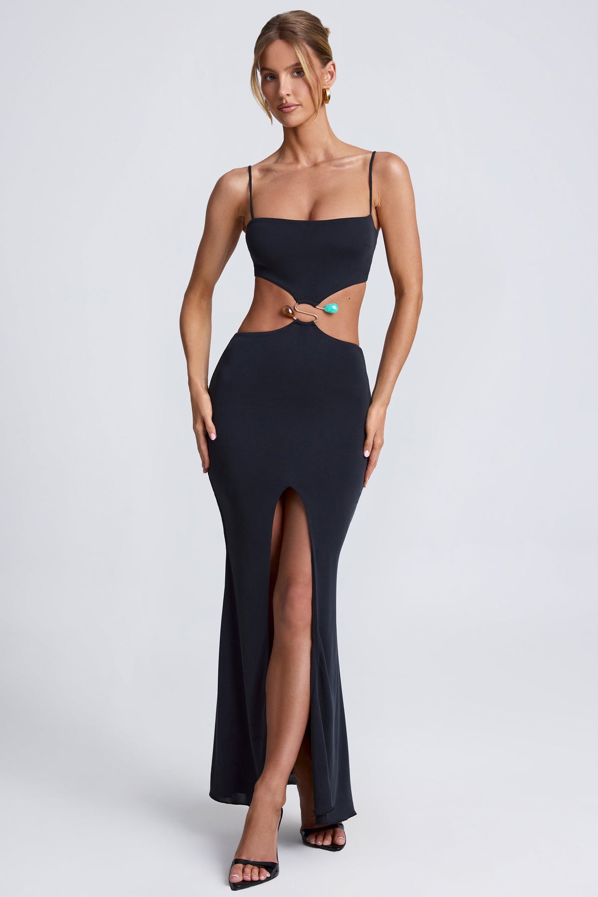 Chic Hardware Detail Cut-Out Maxi Dress in Black
