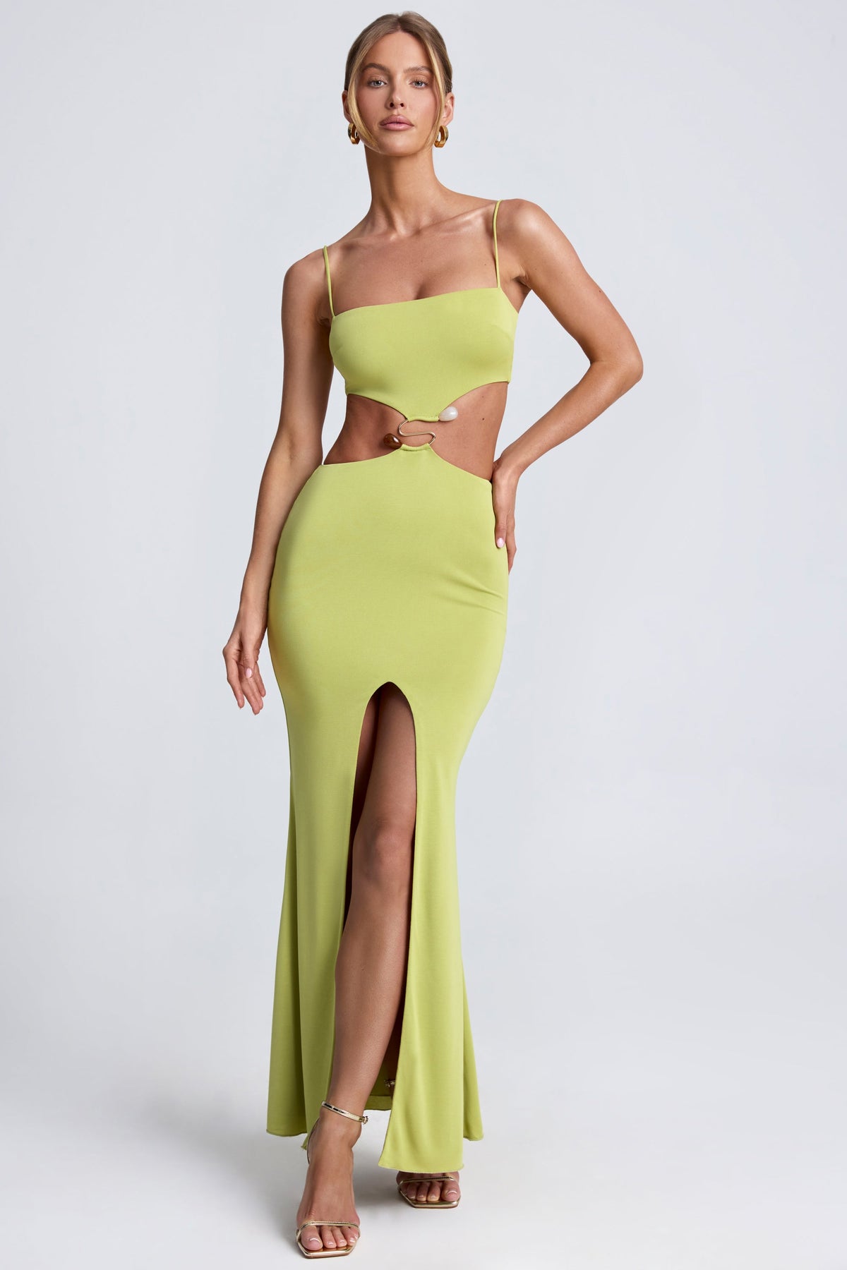 Chic Hardware Detail Cut-Out Maxi Dress in Olive Green