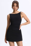 Chic Modal Ruched A-Line Micro Mini Dress in Black