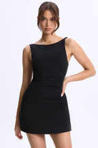 Chic Modal Ruched A-Line Micro Mini Dress in Black
