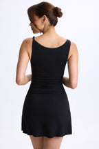 Chic Modal Ruched A-Line Micro Mini Dress in Black